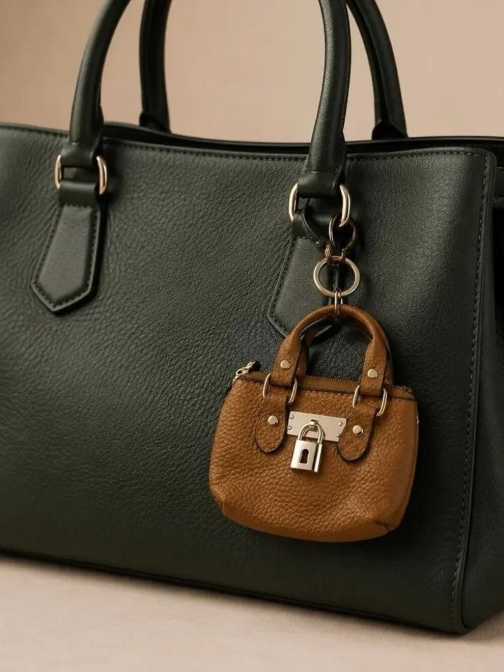 Leather Padlock Mini Bag Cognac Charm Coin Pouch Key Holder Keychain Paddington